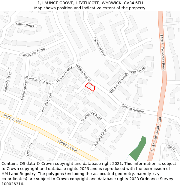 1, LAUNCE GROVE, HEATHCOTE, WARWICK, CV34 6EH: Location map and indicative extent of plot