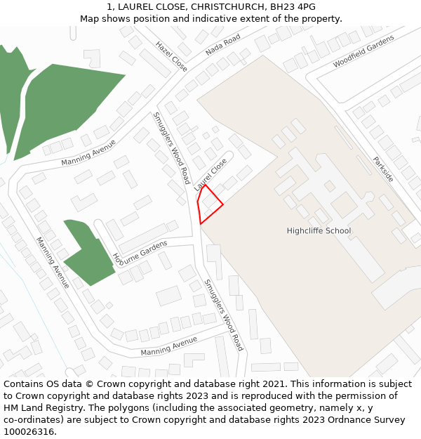 1, LAUREL CLOSE, CHRISTCHURCH, BH23 4PG: Location map and indicative extent of plot