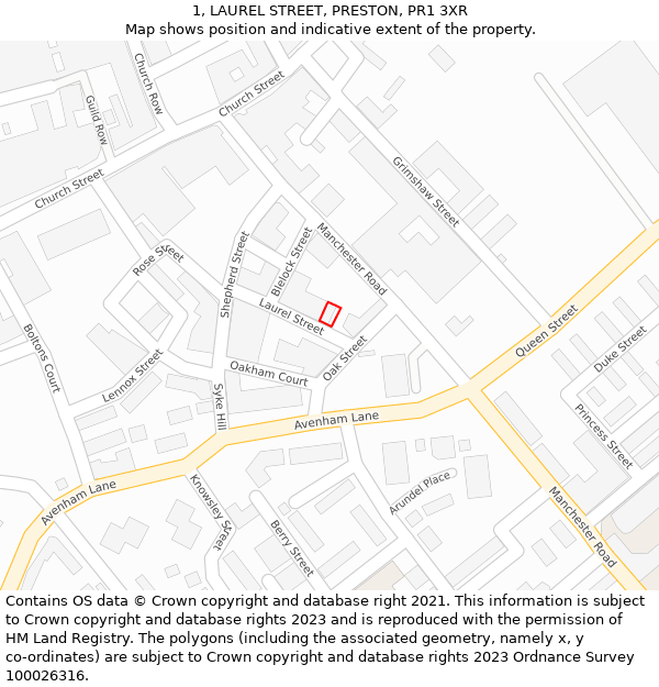 1, LAUREL STREET, PRESTON, PR1 3XR: Location map and indicative extent of plot