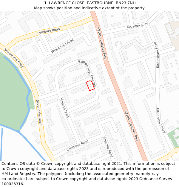 1, LAWRENCE CLOSE, EASTBOURNE, BN23 7NH: Location map and indicative extent of plot