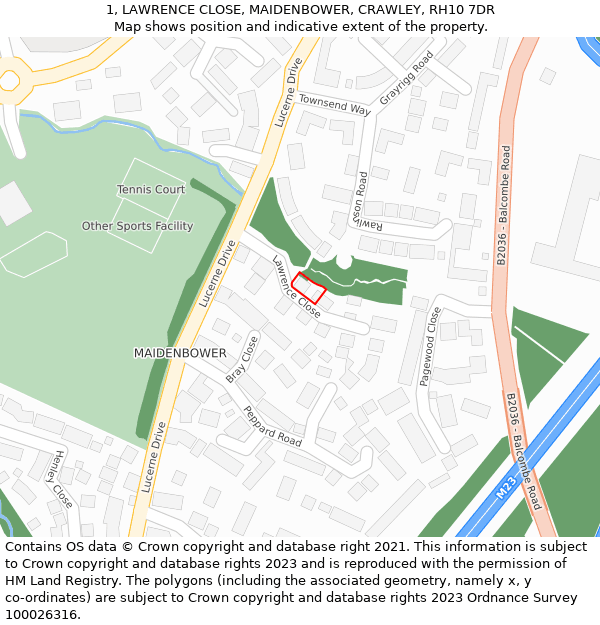 1, LAWRENCE CLOSE, MAIDENBOWER, CRAWLEY, RH10 7DR: Location map and indicative extent of plot