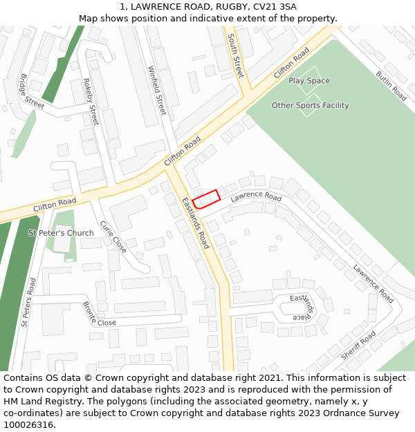 1, LAWRENCE ROAD, RUGBY, CV21 3SA: Location map and indicative extent of plot