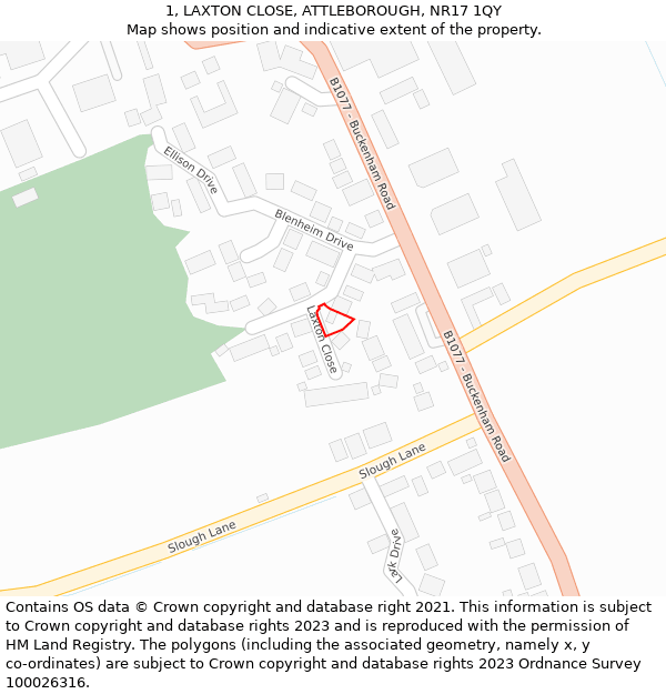 1, LAXTON CLOSE, ATTLEBOROUGH, NR17 1QY: Location map and indicative extent of plot