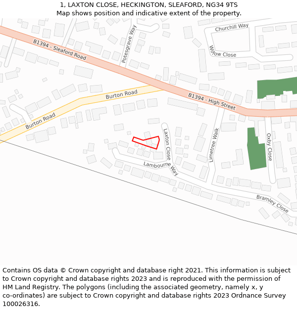 1, LAXTON CLOSE, HECKINGTON, SLEAFORD, NG34 9TS: Location map and indicative extent of plot