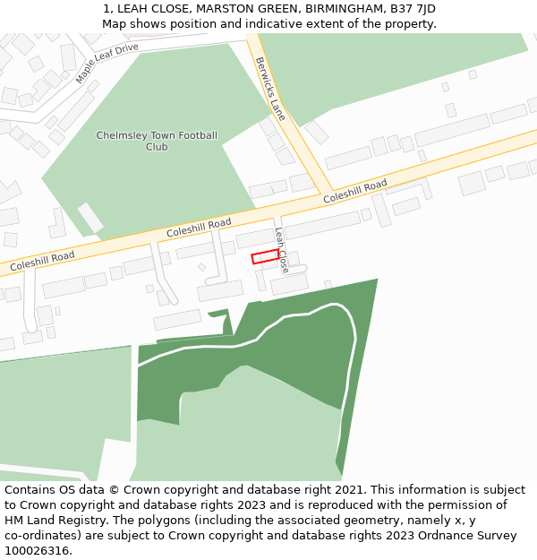 1, LEAH CLOSE, MARSTON GREEN, BIRMINGHAM, B37 7JD: Location map and indicative extent of plot