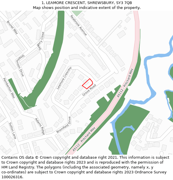 1, LEAMORE CRESCENT, SHREWSBURY, SY3 7QB: Location map and indicative extent of plot