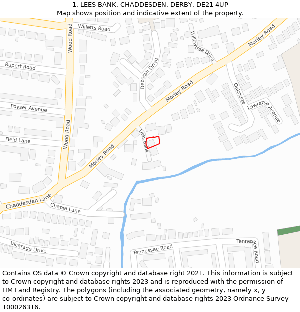 1, LEES BANK, CHADDESDEN, DERBY, DE21 4UP: Location map and indicative extent of plot