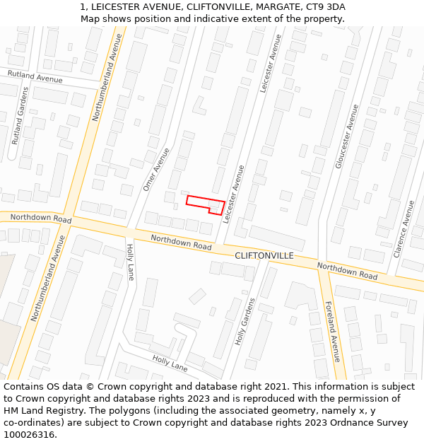 1, LEICESTER AVENUE, CLIFTONVILLE, MARGATE, CT9 3DA: Location map and indicative extent of plot