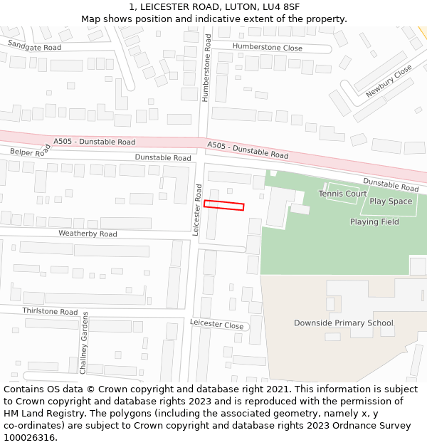 1, LEICESTER ROAD, LUTON, LU4 8SF: Location map and indicative extent of plot