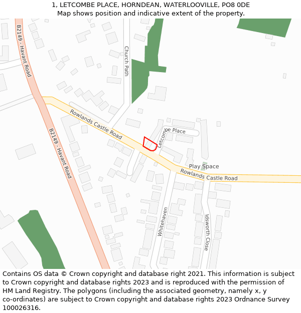 1, LETCOMBE PLACE, HORNDEAN, WATERLOOVILLE, PO8 0DE: Location map and indicative extent of plot