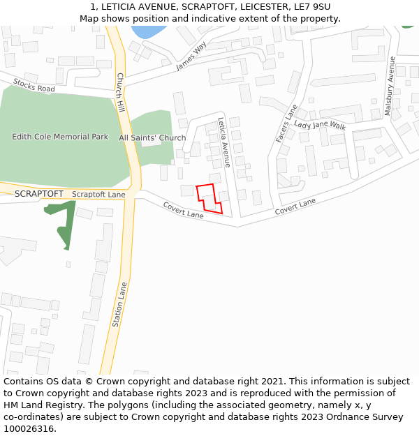 1, LETICIA AVENUE, SCRAPTOFT, LEICESTER, LE7 9SU: Location map and indicative extent of plot