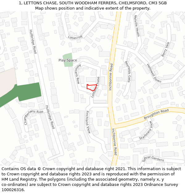 1, LETTONS CHASE, SOUTH WOODHAM FERRERS, CHELMSFORD, CM3 5GB: Location map and indicative extent of plot