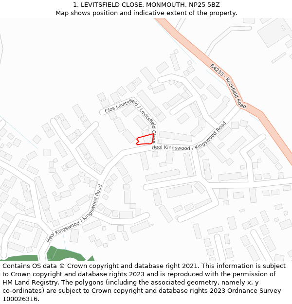 1, LEVITSFIELD CLOSE, MONMOUTH, NP25 5BZ: Location map and indicative extent of plot