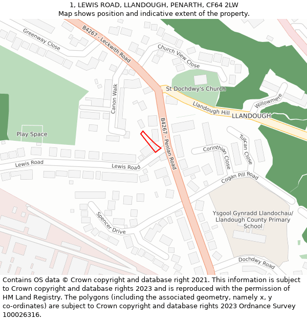 1, LEWIS ROAD, LLANDOUGH, PENARTH, CF64 2LW: Location map and indicative extent of plot