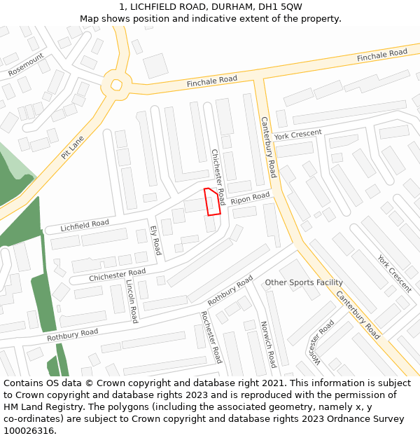 1, LICHFIELD ROAD, DURHAM, DH1 5QW: Location map and indicative extent of plot