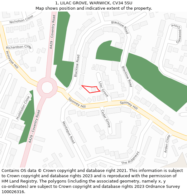 1, LILAC GROVE, WARWICK, CV34 5SU: Location map and indicative extent of plot