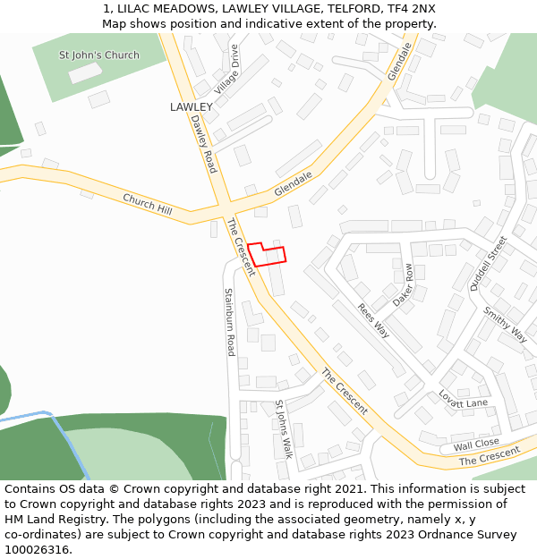 1, LILAC MEADOWS, LAWLEY VILLAGE, TELFORD, TF4 2NX: Location map and indicative extent of plot