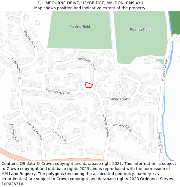1, LIMBOURNE DRIVE, HEYBRIDGE, MALDON, CM9 4YU: Location map and indicative extent of plot
