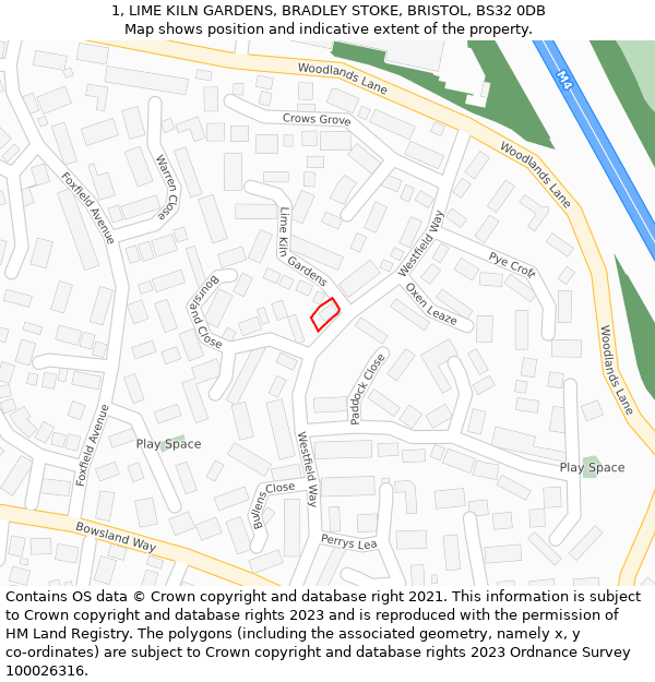 1, LIME KILN GARDENS, BRADLEY STOKE, BRISTOL, BS32 0DB: Location map and indicative extent of plot