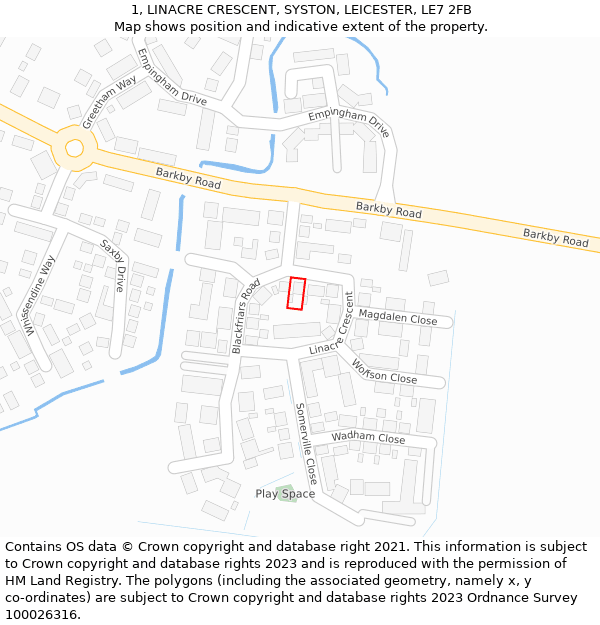 1, LINACRE CRESCENT, SYSTON, LEICESTER, LE7 2FB: Location map and indicative extent of plot