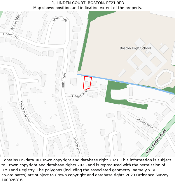1, LINDEN COURT, BOSTON, PE21 9EB: Location map and indicative extent of plot
