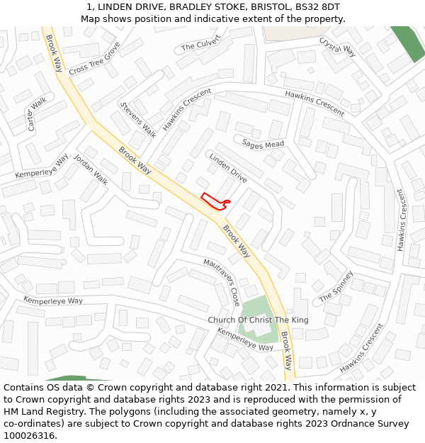 1, LINDEN DRIVE, BRADLEY STOKE, BRISTOL, BS32 8DT: Location map and indicative extent of plot