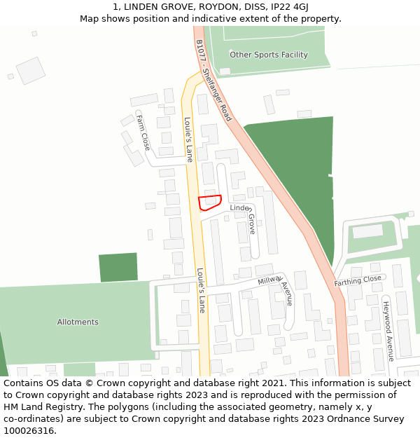 1, LINDEN GROVE, ROYDON, DISS, IP22 4GJ: Location map and indicative extent of plot