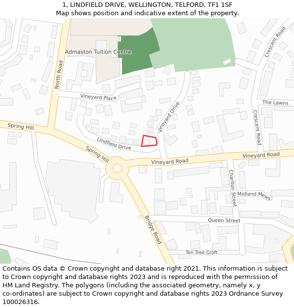 1, LINDFIELD DRIVE, WELLINGTON, TELFORD, TF1 1SF: Location map and indicative extent of plot