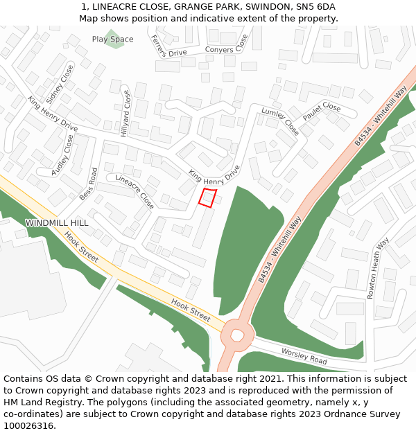 1, LINEACRE CLOSE, GRANGE PARK, SWINDON, SN5 6DA: Location map and indicative extent of plot