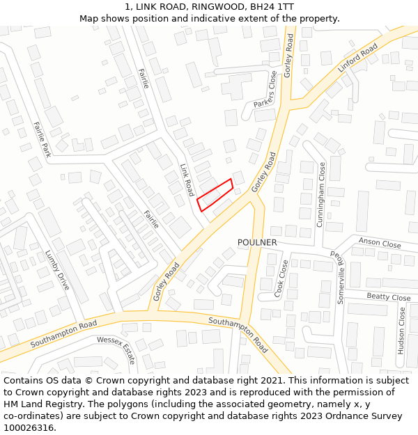 1, LINK ROAD, RINGWOOD, BH24 1TT: Location map and indicative extent of plot