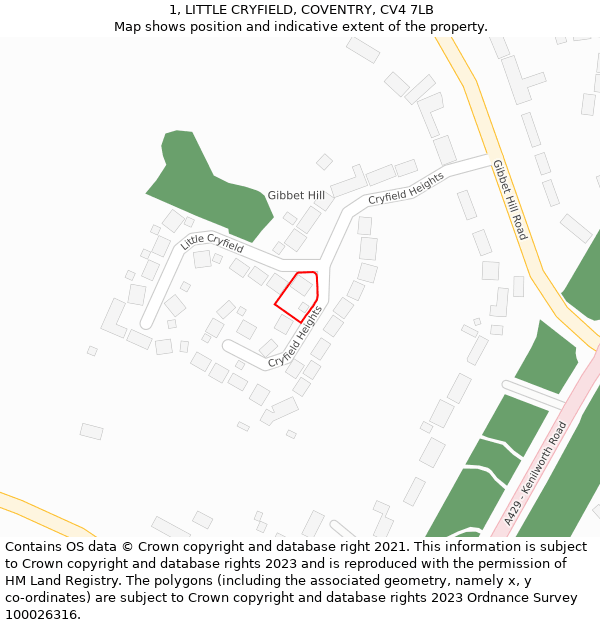 1, LITTLE CRYFIELD, COVENTRY, CV4 7LB: Location map and indicative extent of plot