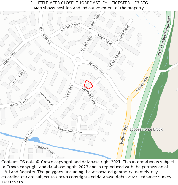 1, LITTLE MEER CLOSE, THORPE ASTLEY, LEICESTER, LE3 3TG: Location map and indicative extent of plot