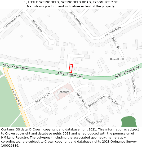 1, LITTLE SPRINGFIELD, SPRINGFIELD ROAD, EPSOM, KT17 3EJ: Location map and indicative extent of plot