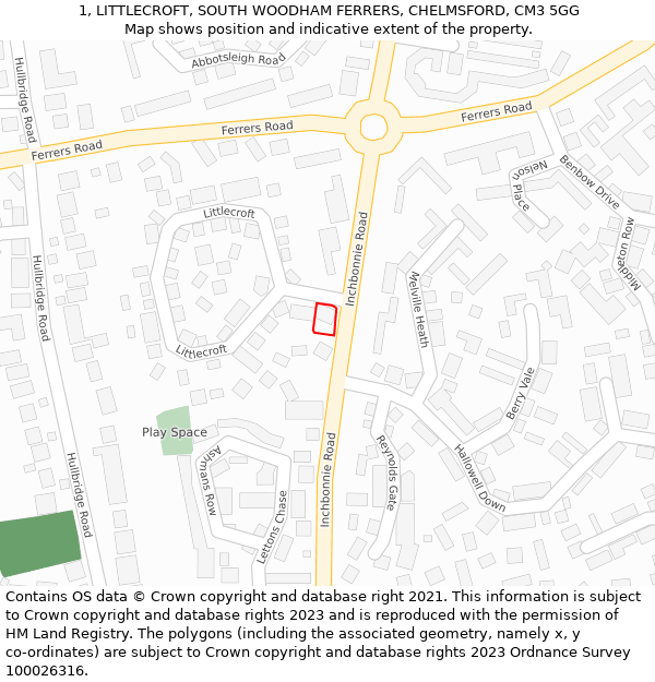 1, LITTLECROFT, SOUTH WOODHAM FERRERS, CHELMSFORD, CM3 5GG: Location map and indicative extent of plot