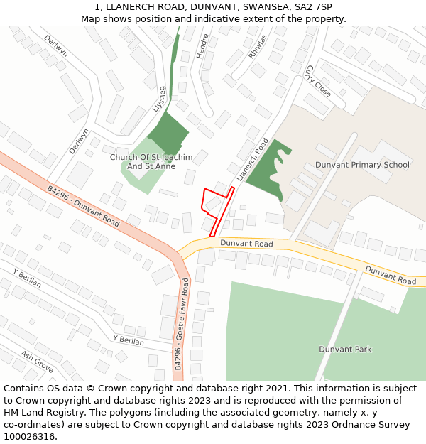 1, LLANERCH ROAD, DUNVANT, SWANSEA, SA2 7SP: Location map and indicative extent of plot