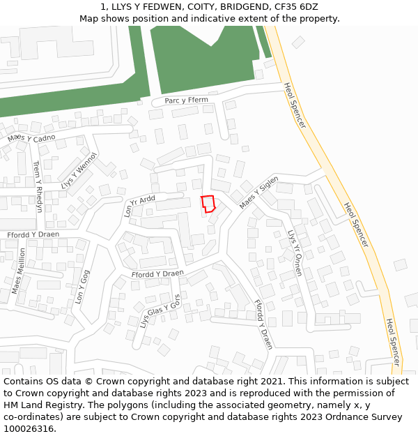 1, LLYS Y FEDWEN, COITY, BRIDGEND, CF35 6DZ: Location map and indicative extent of plot