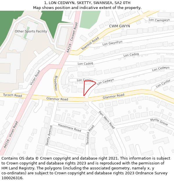 1, LON CEDWYN, SKETTY, SWANSEA, SA2 0TH: Location map and indicative extent of plot