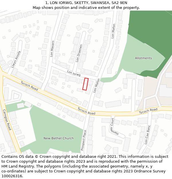 1, LON IORWG, SKETTY, SWANSEA, SA2 9EN: Location map and indicative extent of plot