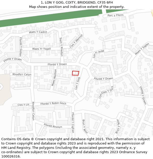 1, LON Y GOG, COITY, BRIDGEND, CF35 6FH: Location map and indicative extent of plot