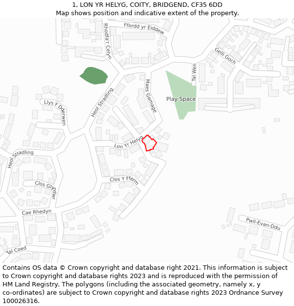 1, LON YR HELYG, COITY, BRIDGEND, CF35 6DD: Location map and indicative extent of plot