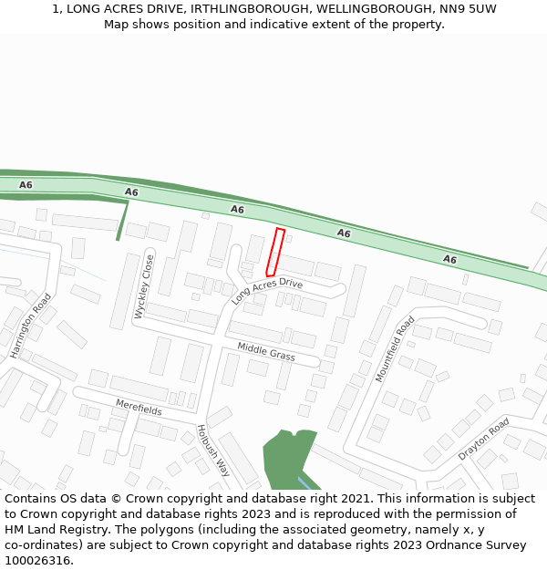 1, LONG ACRES DRIVE, IRTHLINGBOROUGH, WELLINGBOROUGH, NN9 5UW: Location map and indicative extent of plot