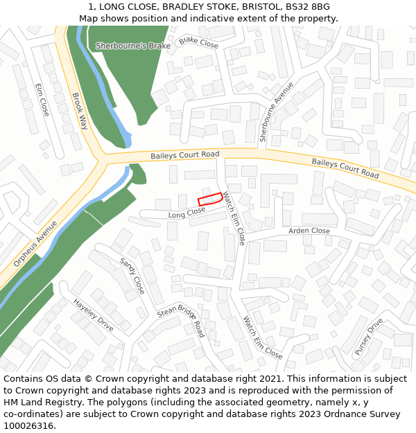 1, LONG CLOSE, BRADLEY STOKE, BRISTOL, BS32 8BG: Location map and indicative extent of plot