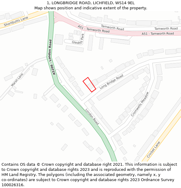 1, LONGBRIDGE ROAD, LICHFIELD, WS14 9EL: Location map and indicative extent of plot