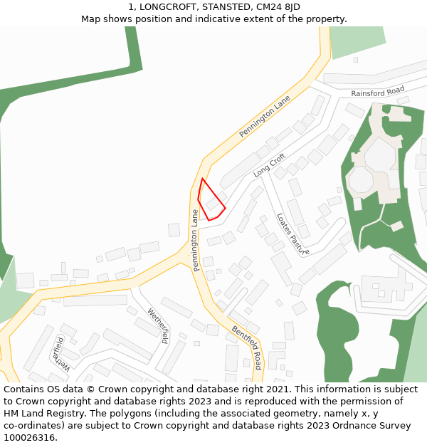 1, LONGCROFT, STANSTED, CM24 8JD: Location map and indicative extent of plot