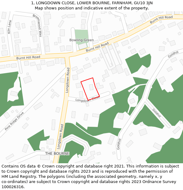 1, LONGDOWN CLOSE, LOWER BOURNE, FARNHAM, GU10 3JN: Location map and indicative extent of plot