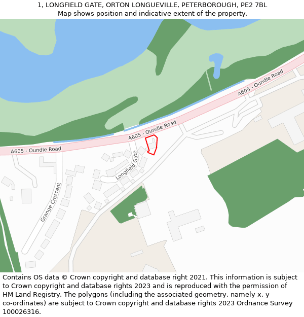 1, LONGFIELD GATE, ORTON LONGUEVILLE, PETERBOROUGH, PE2 7BL: Location map and indicative extent of plot