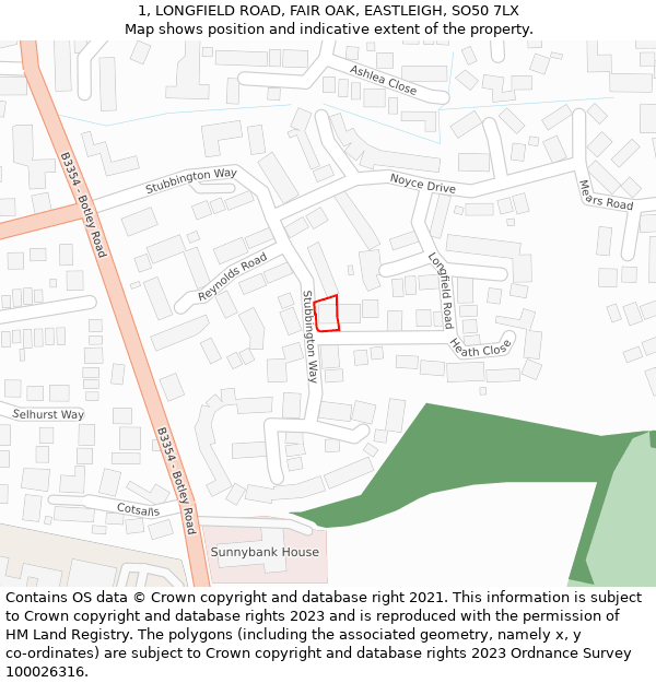 1, LONGFIELD ROAD, FAIR OAK, EASTLEIGH, SO50 7LX: Location map and indicative extent of plot