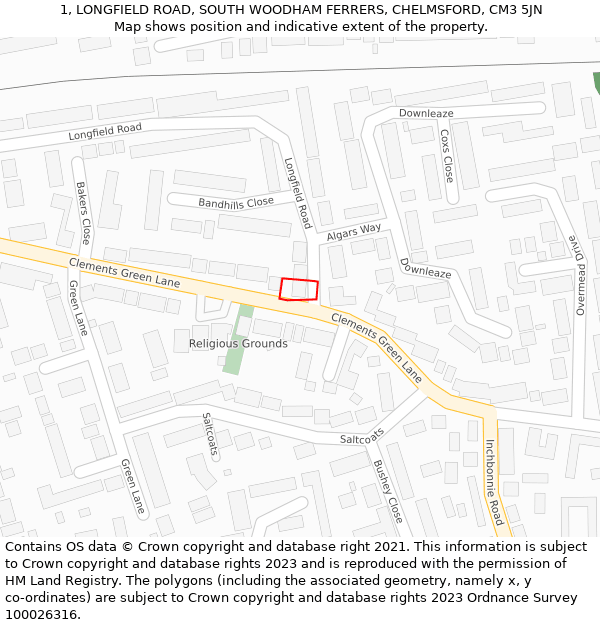 1, LONGFIELD ROAD, SOUTH WOODHAM FERRERS, CHELMSFORD, CM3 5JN: Location map and indicative extent of plot