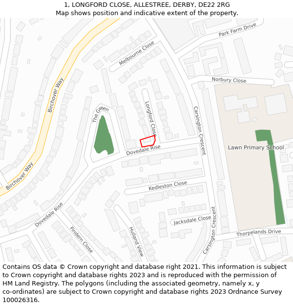 1, LONGFORD CLOSE, ALLESTREE, DERBY, DE22 2RG: Location map and indicative extent of plot