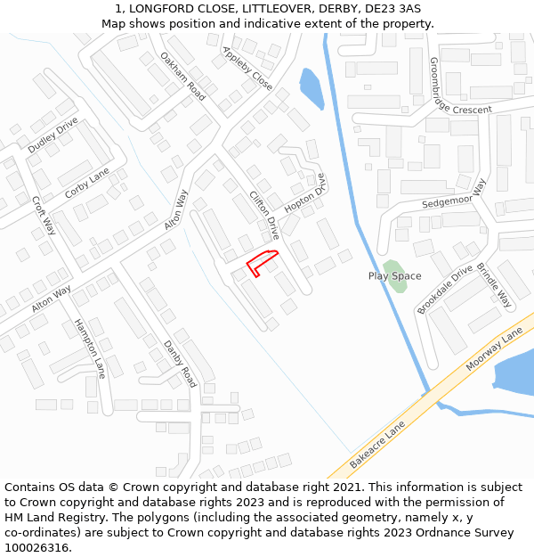 1, LONGFORD CLOSE, LITTLEOVER, DERBY, DE23 3AS: Location map and indicative extent of plot